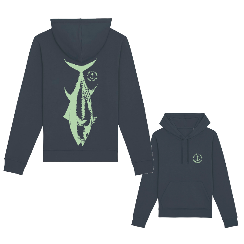 sudadera orgánica con capucha azul tormenta con logo Tuna free spirit